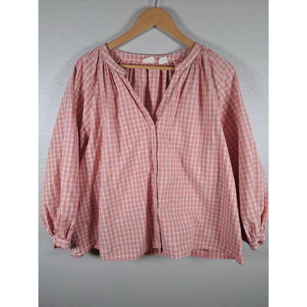 Levis Womens XXL Pink Plaid Button Front Balloon Sleeve Blouse Top XXL